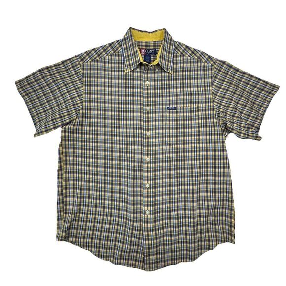 CHAPS Ralph Lauren Yellow Blue Plaid Short Sleeve Shirt Men Size Large Button Up - Picture 1 of 7